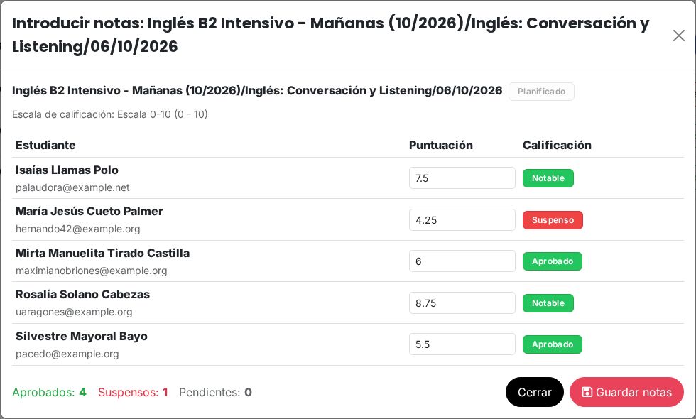 Introducción de notas: la calificación aparece al escribir la nota.