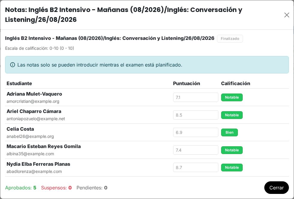 Notas de un examen finalizado.