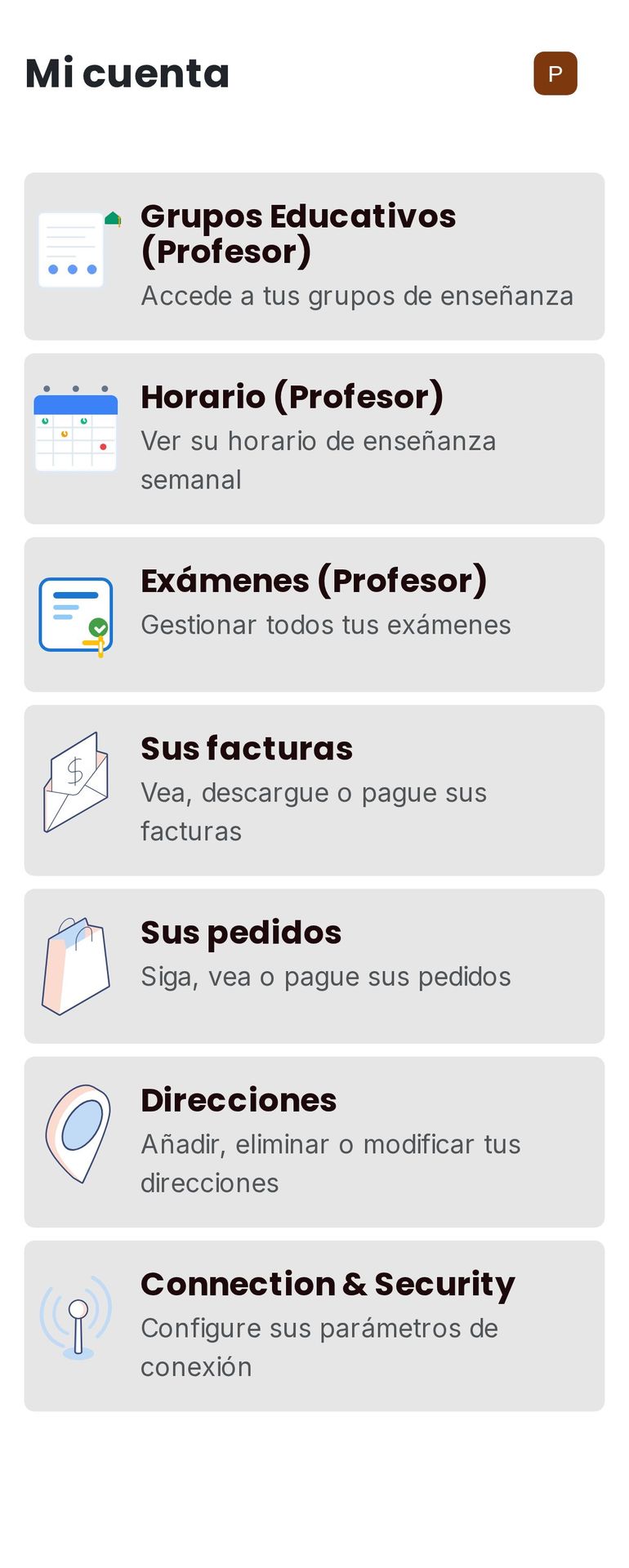 Inicio del portal del profesor: grupos, horario y exámenes. (móvil)