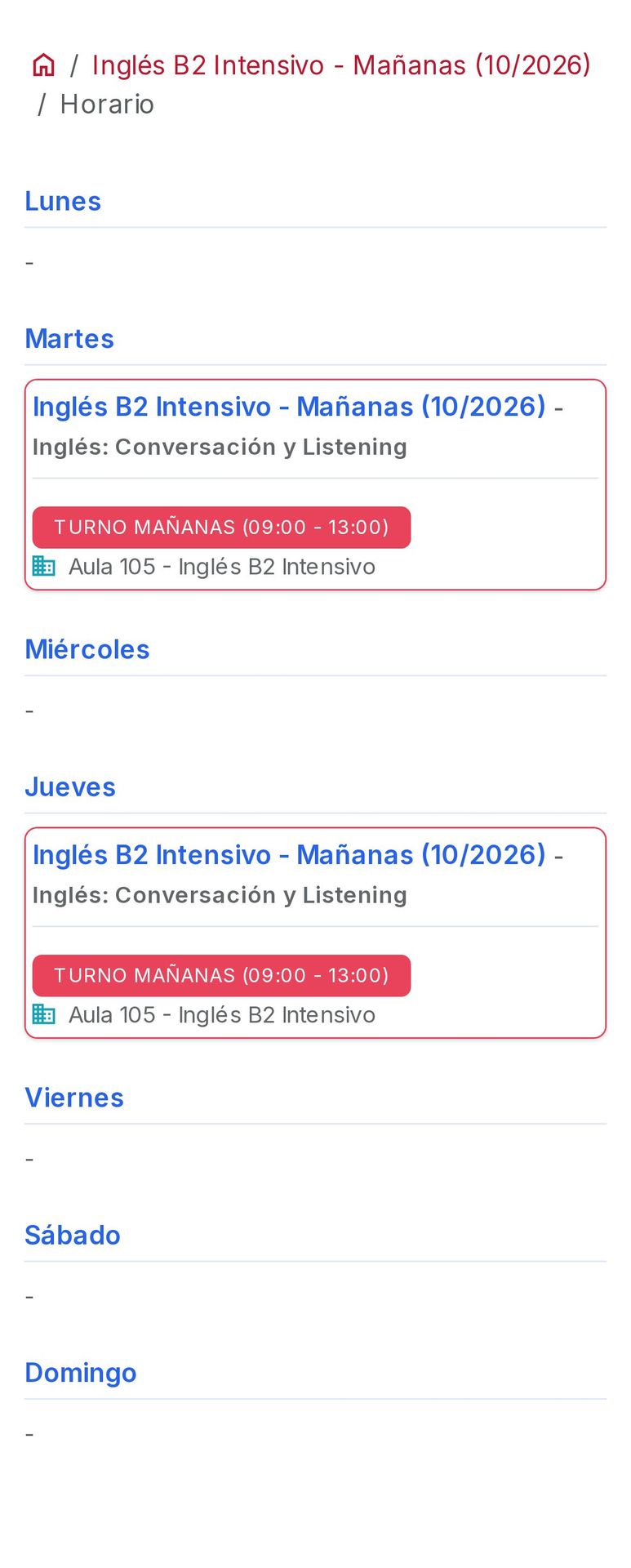 Horario semanal de una unidad formativa del grupo. (móvil)