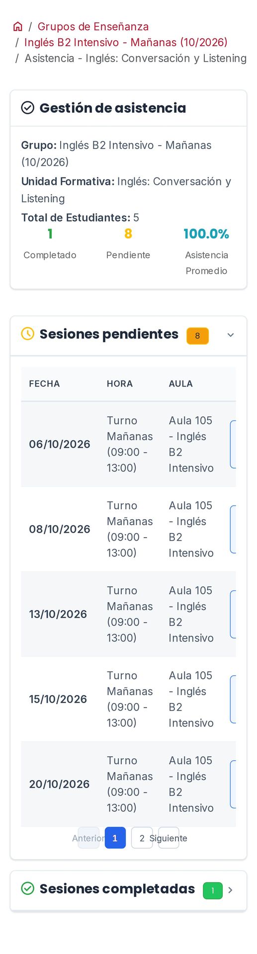 Sesiones pendientes y completadas de una unidad formativa. (móvil)