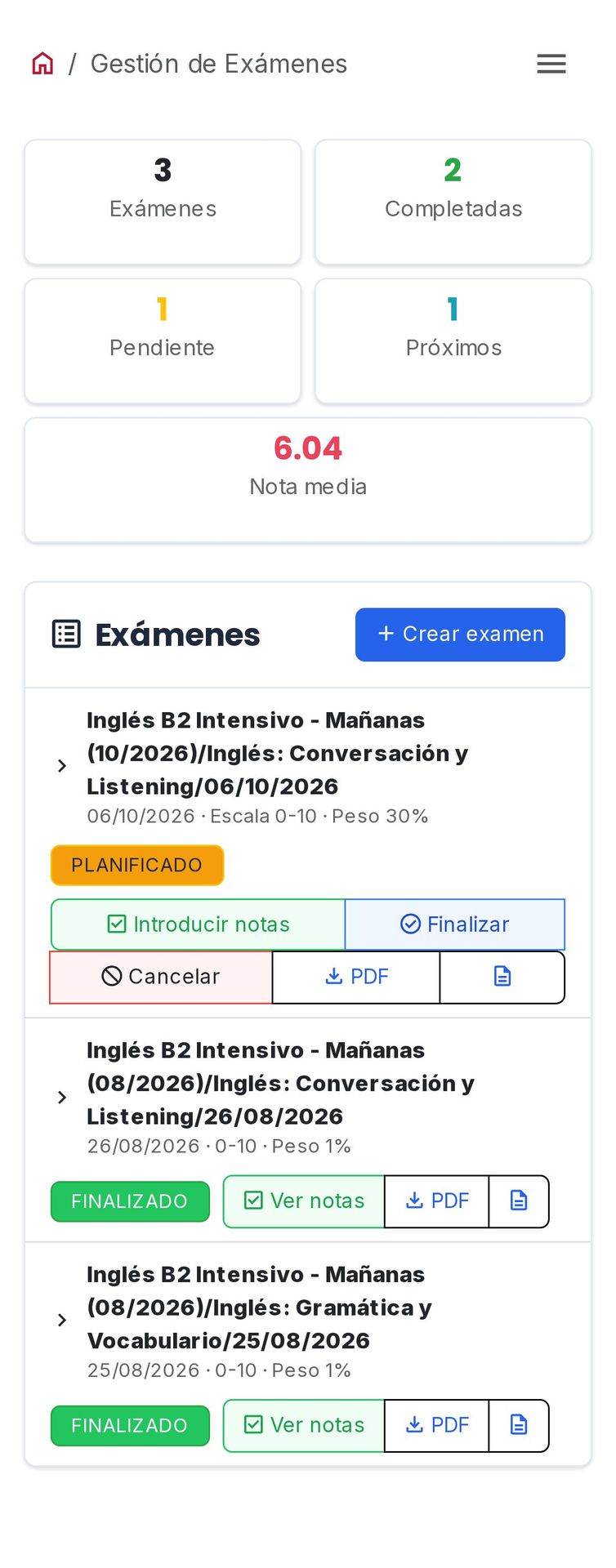 Gestión de exámenes del profesor. (móvil)