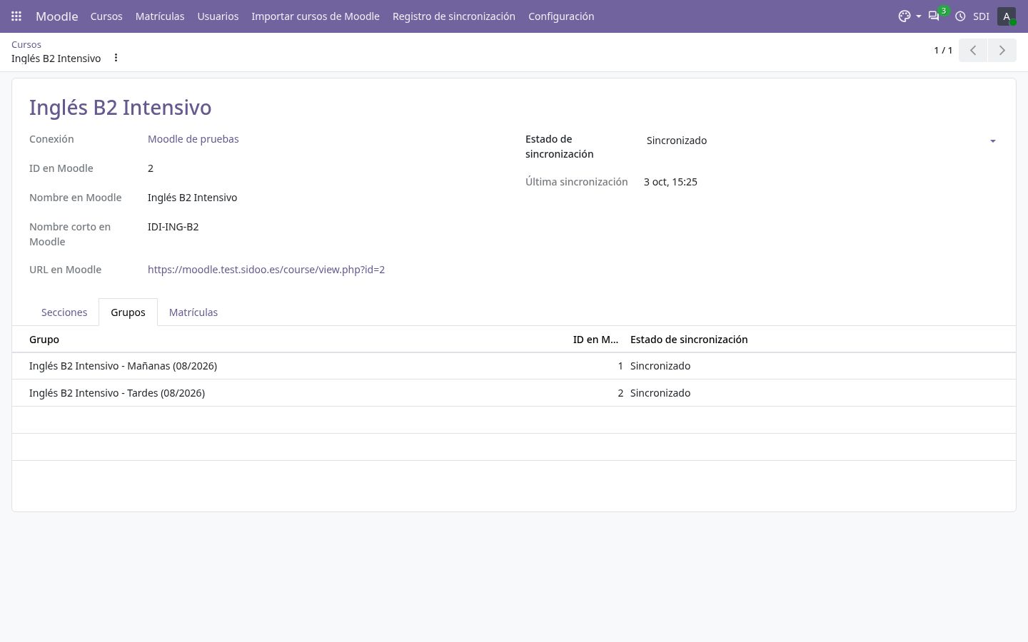 Grupos del módulo enlazados con Moodle.