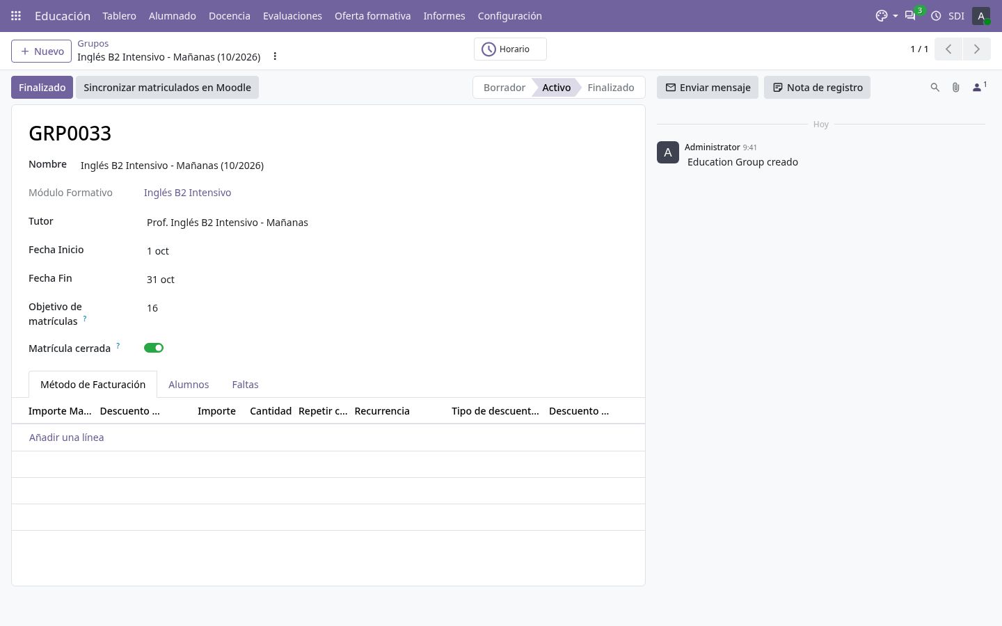 Ficha del grupo con el botón de sincronización.