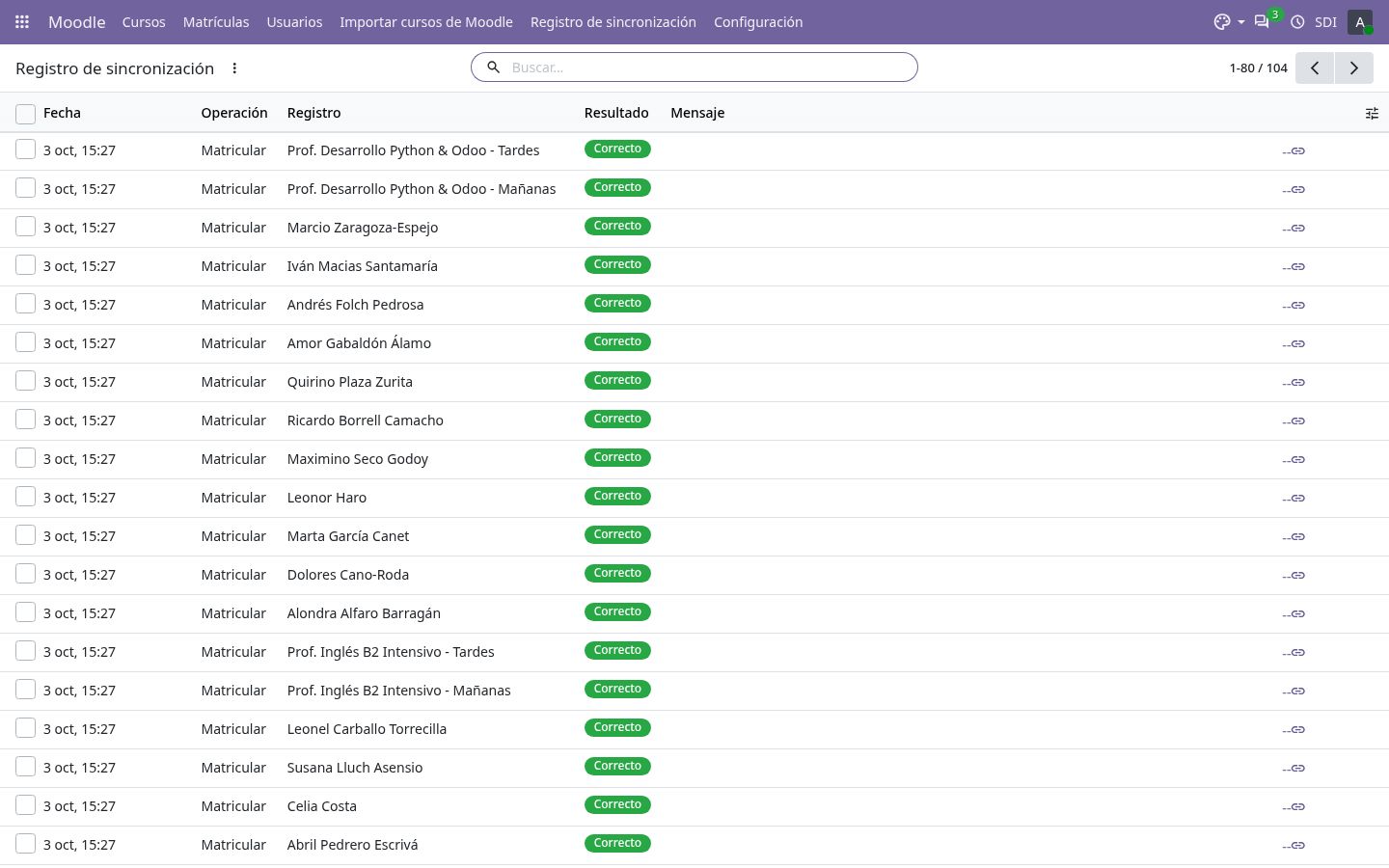 Registro de sincronización con Moodle.