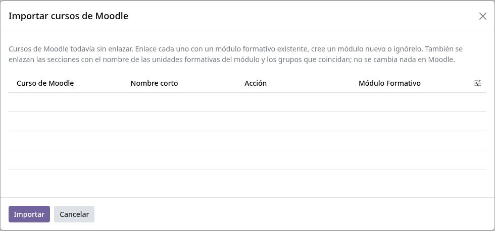 Importar cursos de Moodle (en la demo, todos los cursos ya están enlazados).