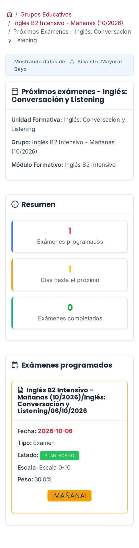 Próximos exámenes de una unidad formativa, vistos desde el portal de la familia. (móvil)