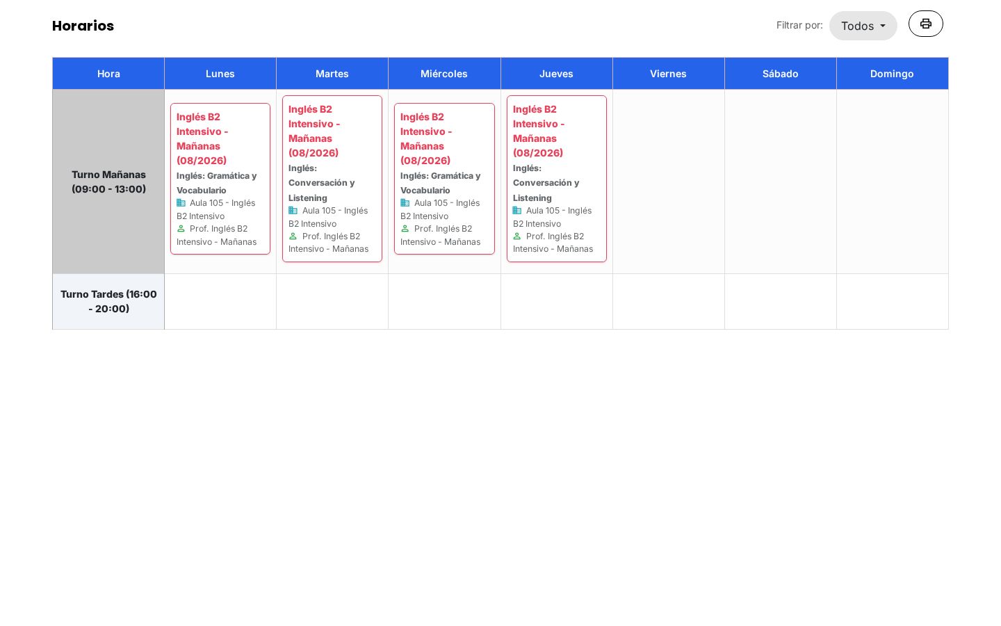 Horario semanal del alumno.