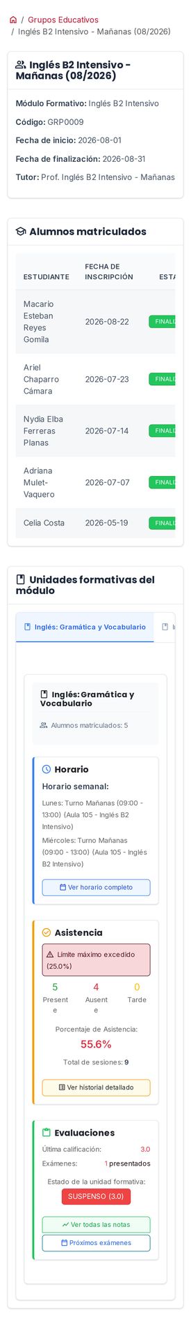 Ficha del grupo vista por el alumno. (móvil)
