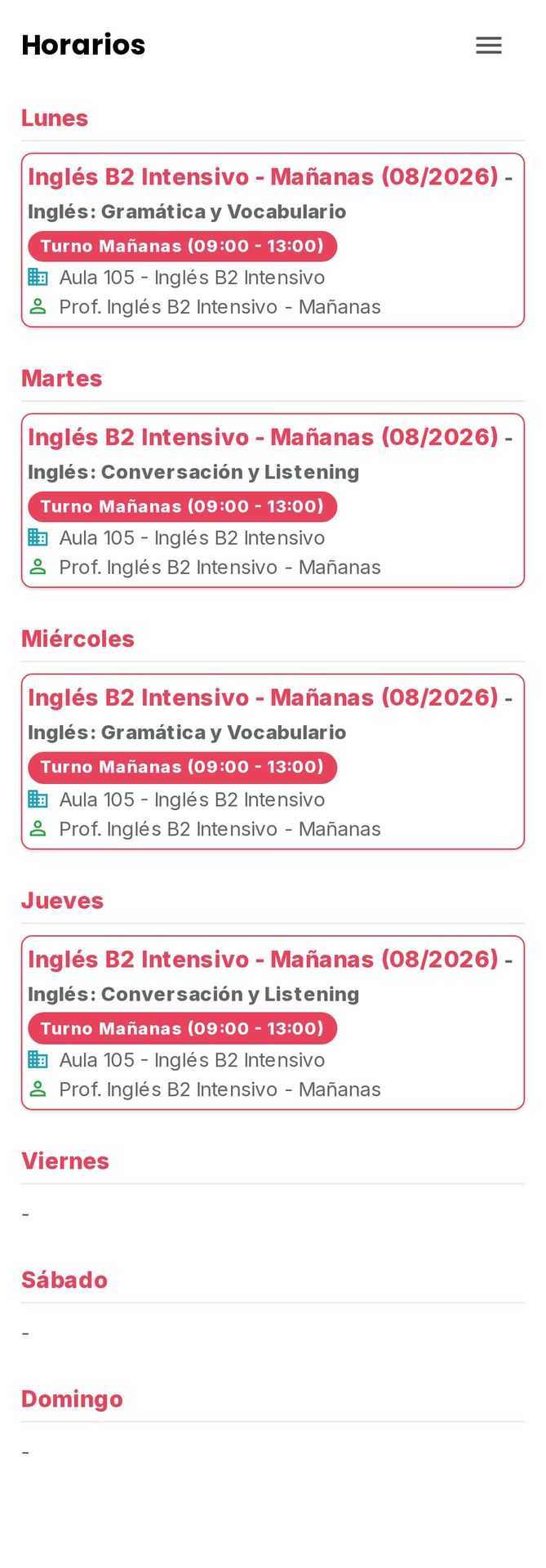 Horario semanal del alumno. (móvil)