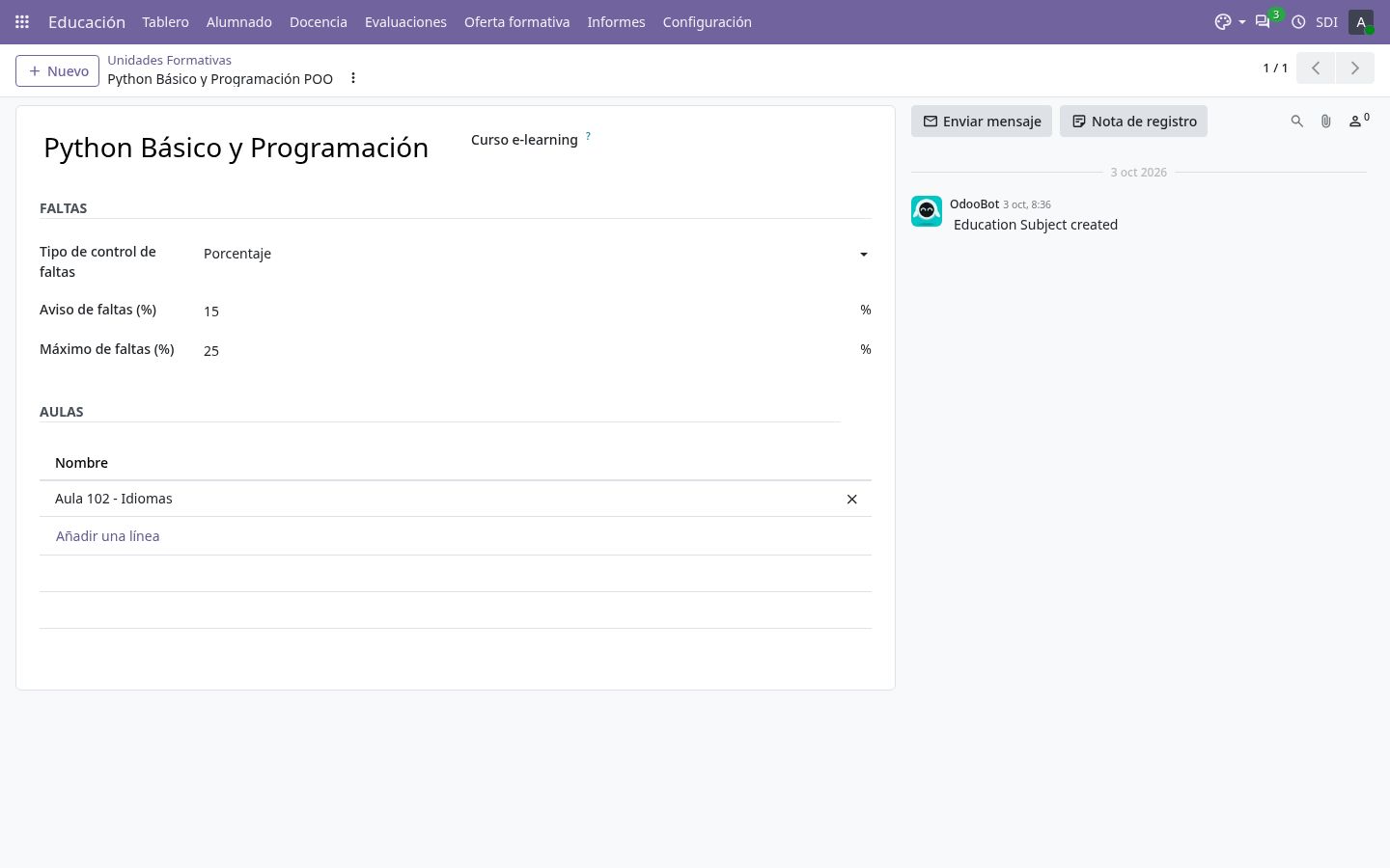Ficha de una unidad formativa con sus aulas.