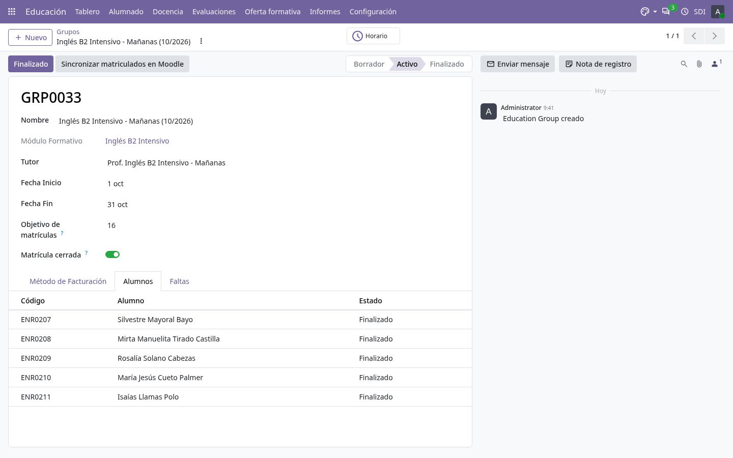 Ficha de un grupo activo con su alumnado.