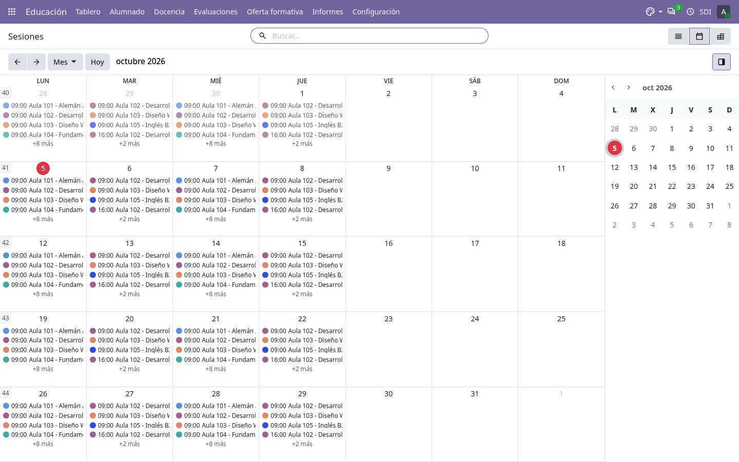 Calendario de sesiones del mes.