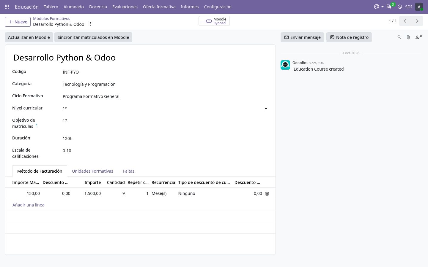 Método de facturación del módulo: 150 € de matrícula y 9 cuotas mensuales.