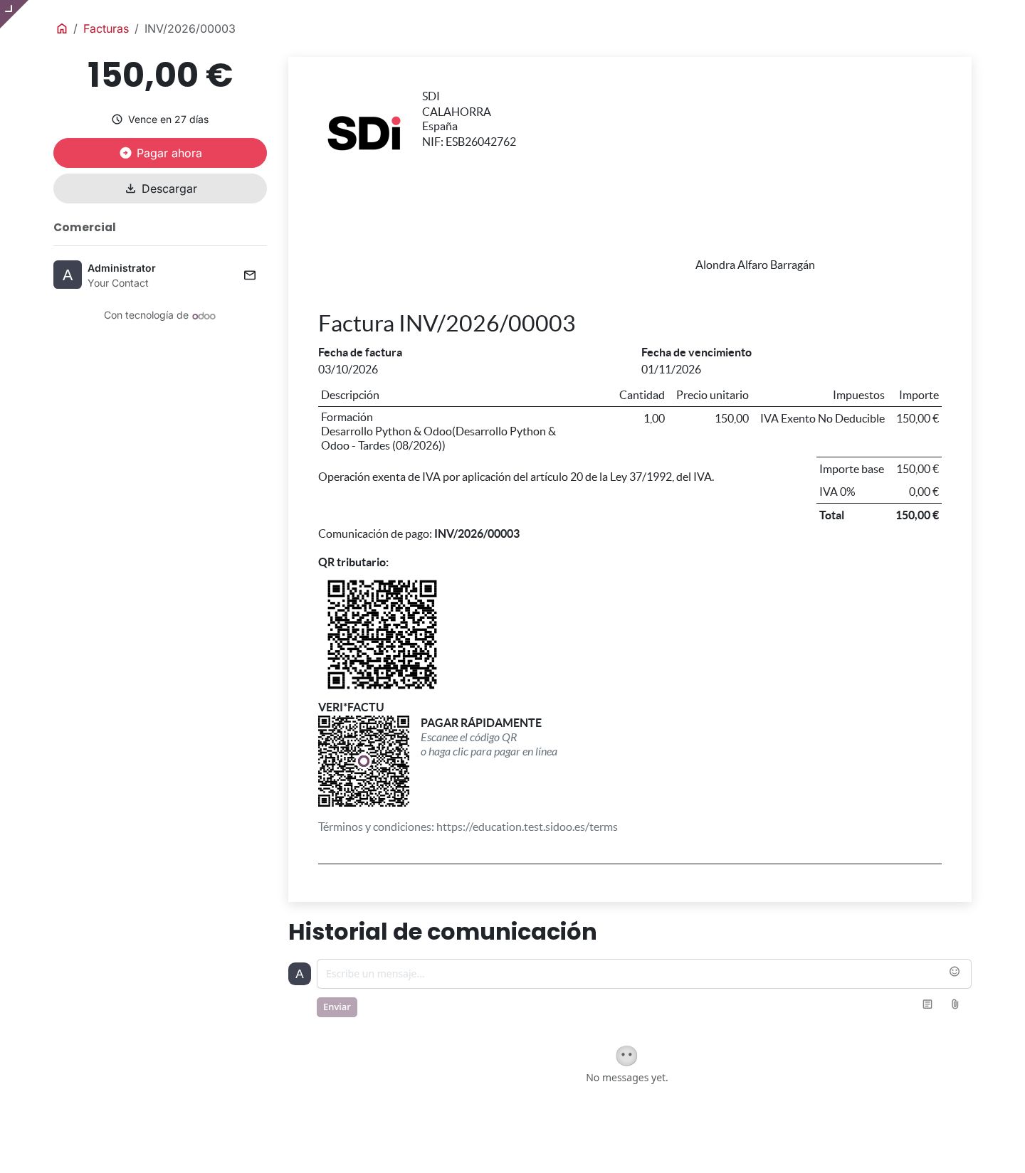 La factura vista desde el portal del cliente.