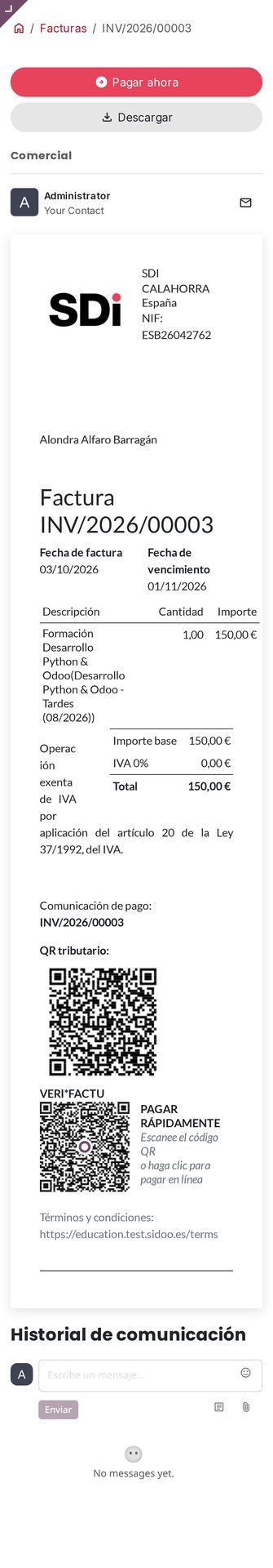 La factura vista desde el portal del cliente. (móvil)